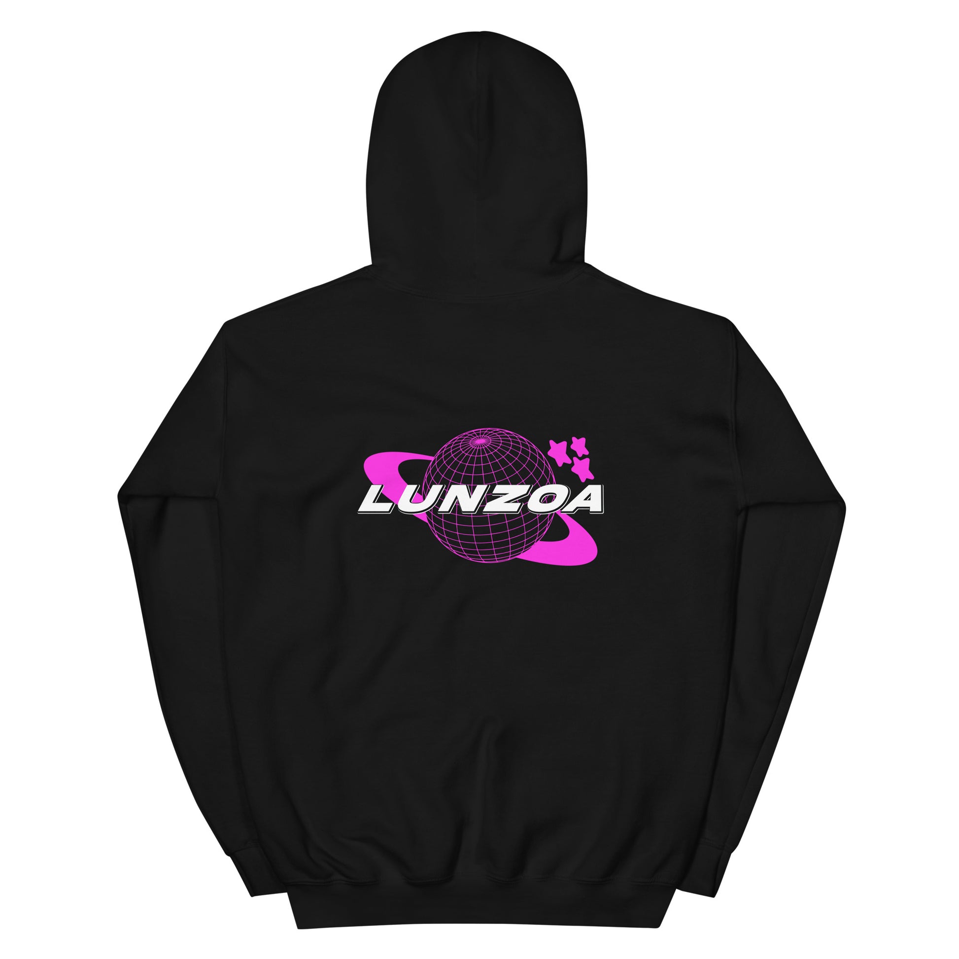 LunzoaDesigns Black-Pink Hoodie with a bold graphic design of a globe and stars on black fabric.