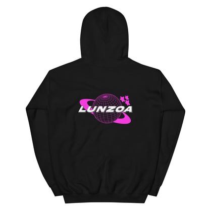 LunzoaDesigns Black-Pink Hoodie with a bold graphic design of a globe and stars on black fabric.